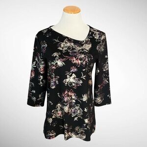 Chico’s Romance Shine Metallic Floral Top Asymmetric Neckline 3/4-Sleeves